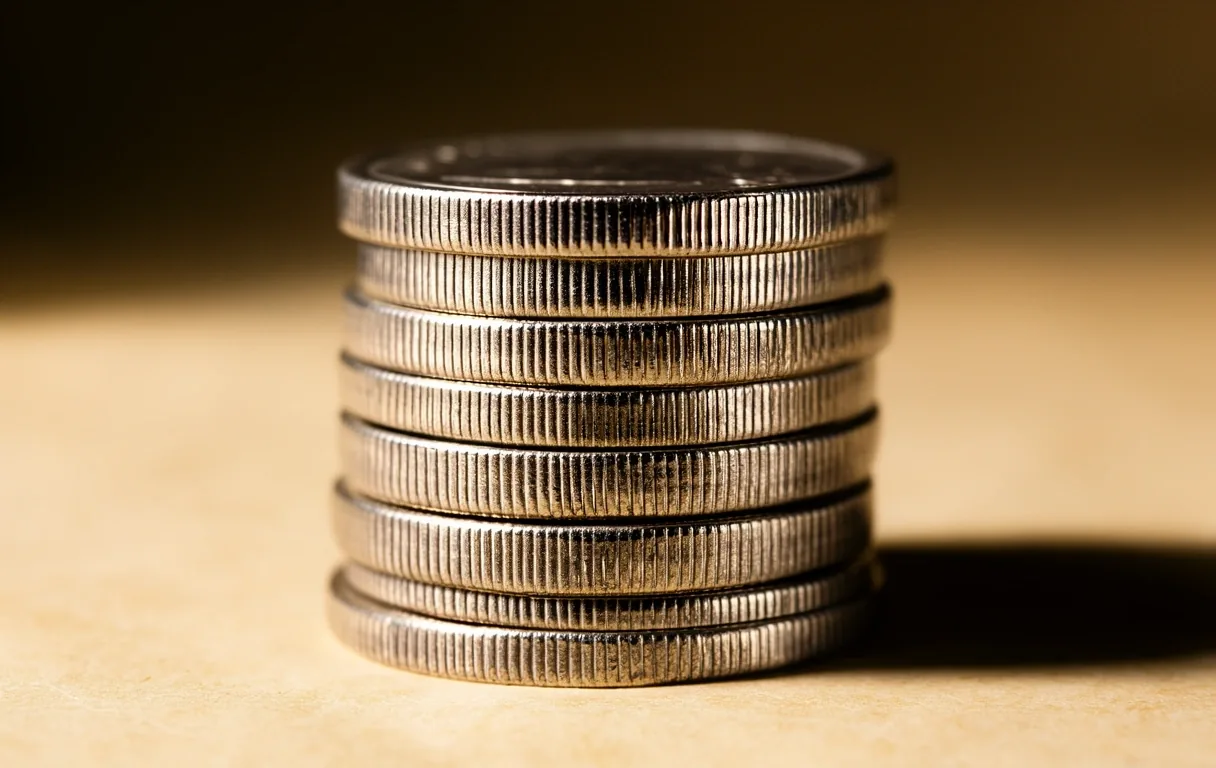 Detailní pohled na hrany mincí symbolizující finanční stabilitu